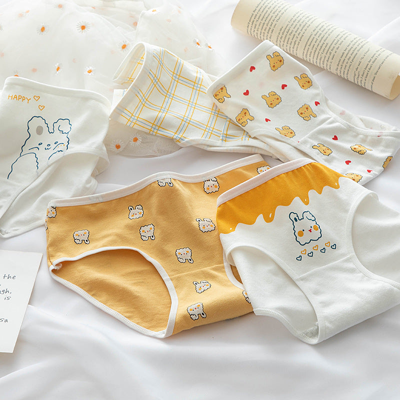 Simple Yellow Cute Rabbit Girl Underwear Women's Cotton Crotch Mid-waist